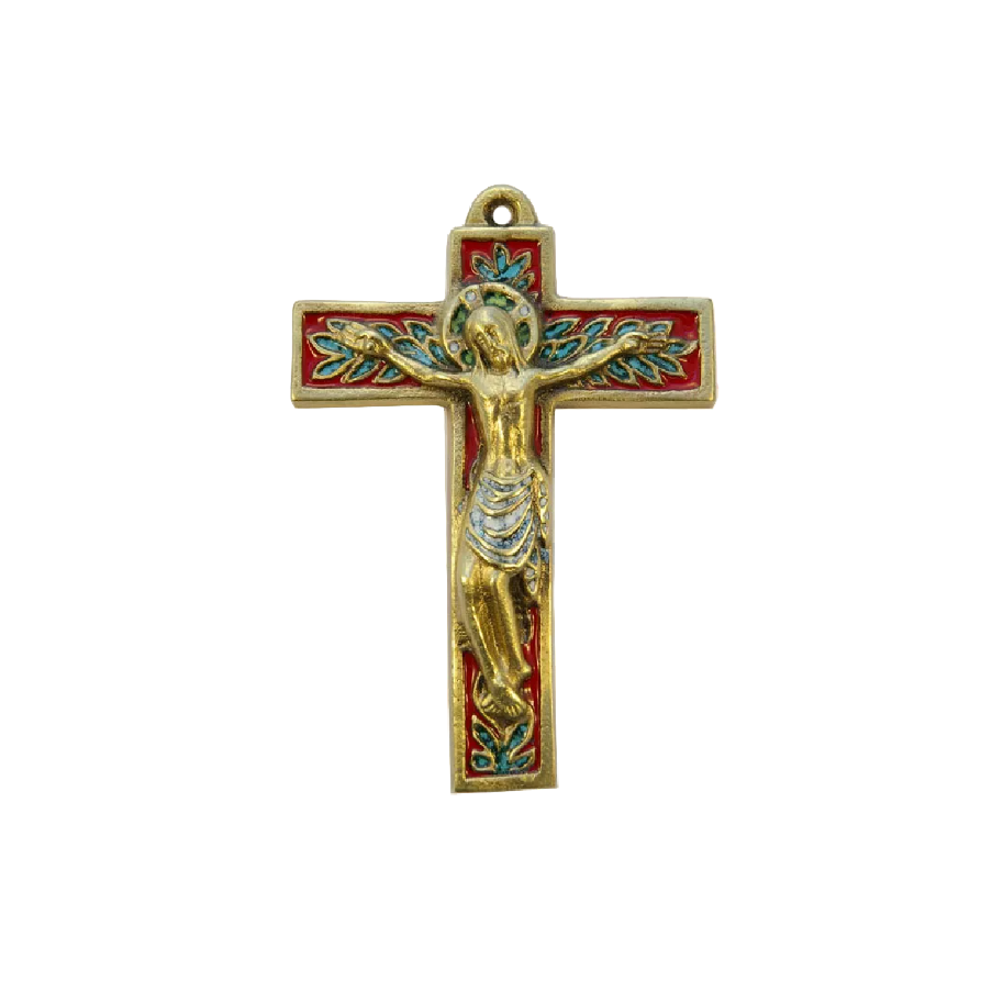 Crucifix mural en bronze émaillé, croix ornée de feuillages rouge – 15 cm – 018 | Les Tailleurs d'Images