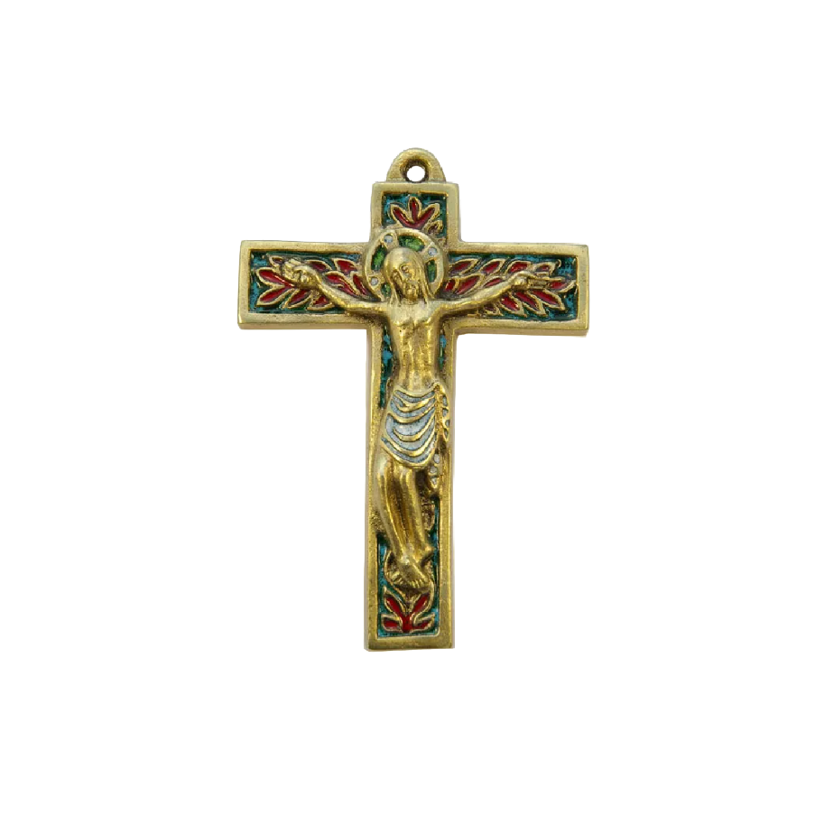 Crucifix mural en bronze émaillé, croix ornée de feuillages vert – 15 cm – 018 | Les Tailleurs d'Images