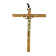 Crucifix mural en bronze sur croix de bois