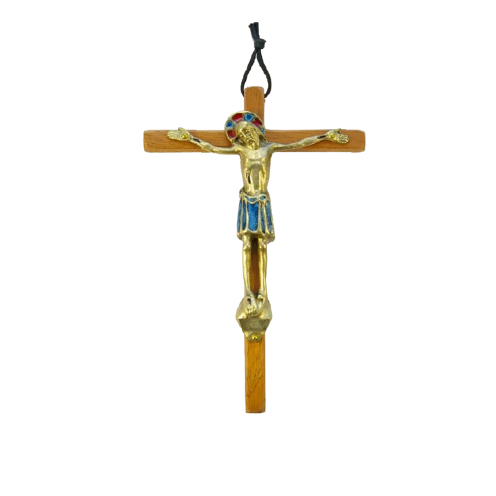 Grand Crucifix en bronze émaillé sur croix en bois – 18 cm – 530