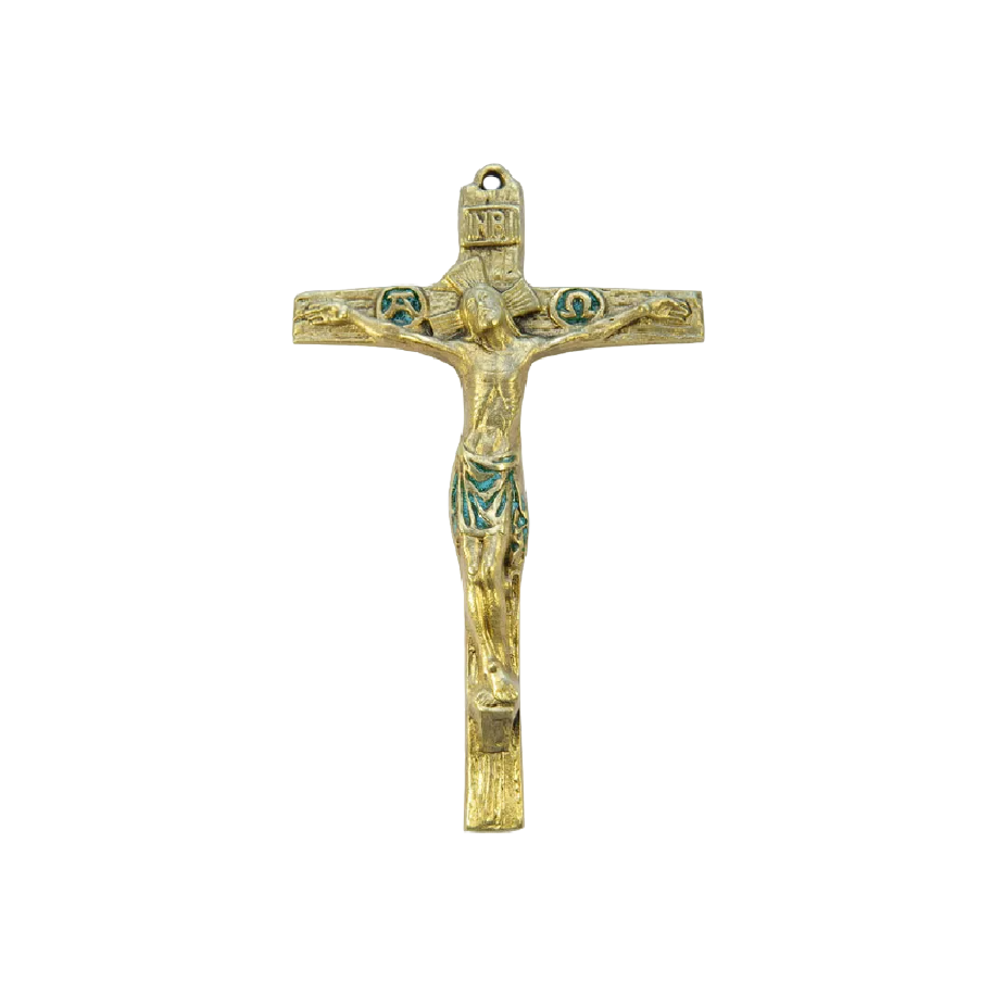 Grand crucifix et christogrammes en bronze émaillé - 16,5 cm - 0101 vert | Les Tailleurs d'Images