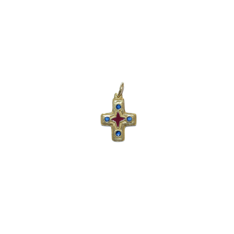 Petite croix en pendentif, bronze émaillé & cabochons – 2,3 cm – N72 BLEU - Les Tailleurs d'Images