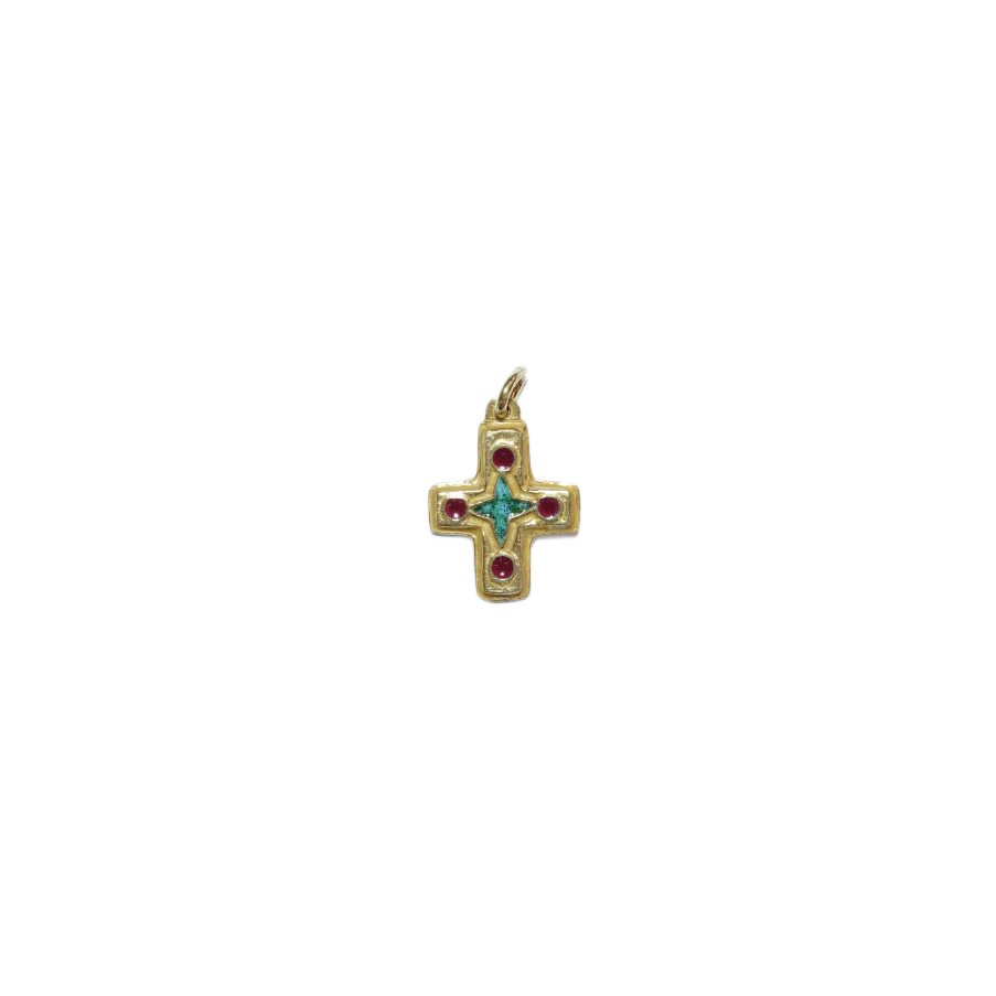 Petite croix en pendentif, bronze émaillé & cabochons – 2,3 cm – N72 ROUGE - Les Tailleurs d'Images