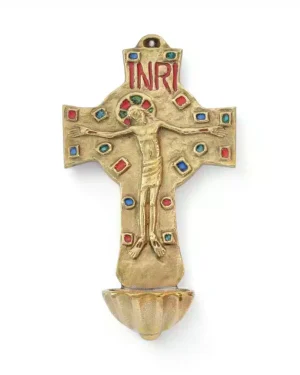 Crucifix bénitier en bronze & émaux d&rsquo;inspiration romane ou mérovingienne – 17,5 cm – 0159