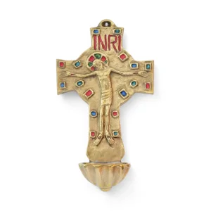 Crucifix bénitier en bronze & émaux d’inspiration romane ou mérovingienne – 17,5 cm – 0159