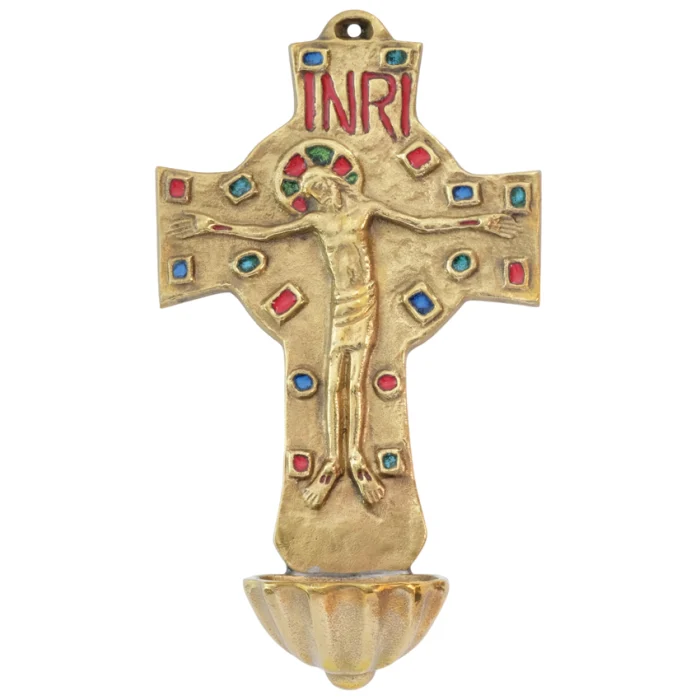 Crucifix bénitier en bronze & émaux d’inspiration romane ou mérovingienne – 17,5 cm – 0159