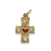 Croix bijou, pendentif bronze Sacré-coeur et cabochons blancs