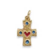 Croix bijou, pendentif bronze Sacré-coeur et cabochons bleus