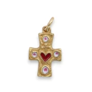 Croix bijou, pendentif bronze Sacré-coeur et cabochons rouges