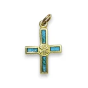 Croix verte pendentif avec Chrisme, bijou religieux émaillé