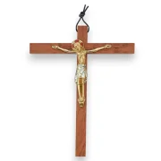 Crucifix sur croix latine en bois, Christ en bronze émaillé