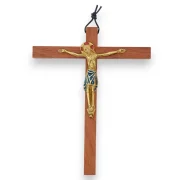 Crucifix sur croix latine en bois, Christ en bronze émaillé