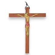 Crucifix sur croix latine en bois, Christ en bronze émaillé