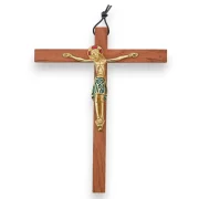 Crucifix sur croix latine en bois, Christ en bronze émaillé