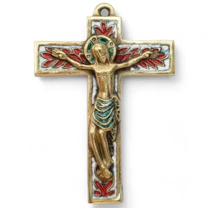 Crucifix mural en bronze richement émaillé, la croix ornée de feuillages – 15 cm – 018