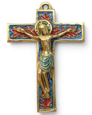Crucifix mural en bronze avec croix ornée de feuillages – 15 cm – 018