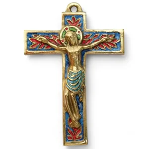 Crucifix mural en bronze richement émaillé, la croix ornée de feuillages – 15 cm – 018