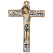 Crucifix mural sur croix latine blanche avec volutes dorées