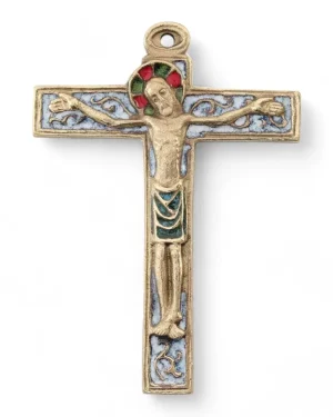 Crucifix mural sur croix latine avec volutes en bronze émaillé – 11 cm – 230