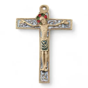 Crucifix mural sur croix latine avec volutes en bronze émaillé – 11 cm – 230