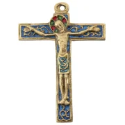 Crucifix mural sur croix latine bleue avec volutes dorées