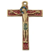 Crucifix mural sur croix latine rouge avec volutes dorées