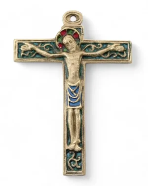 Crucifix mural sur croix latine avec volutes en bronze émaillé – 11 cm – 230