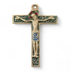 Crucifix mural sur croix latine avec volutes en bronze émaillé – 11 cm – 230