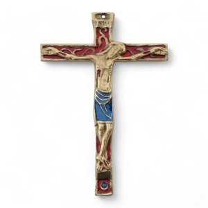 Crucifix mural médiéval bronze émaillé, christogramme INRI – 16 cm – 22