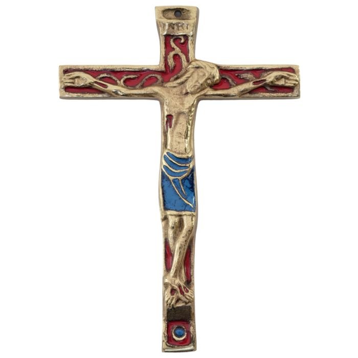 Crucifix mural médiéval bronze émaillé, christogramme INRI – 16 cm – 22