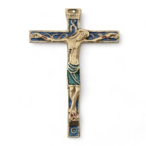 Crucifix mural médiéval bronze émaillé, christogramme INRI – 16 cm – 22