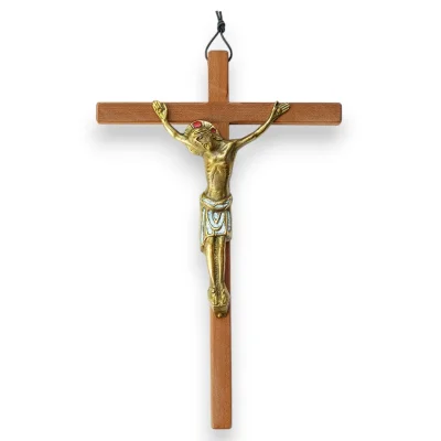 Grand Crucifix en bronze émaillé sur croix en bois – 24 cm – 893