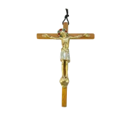 Grand Crucifix en bronze émaillé sur croix en bois