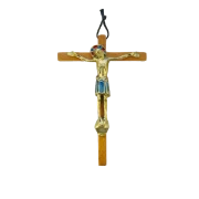Grand Crucifix en bronze émaillé sur croix en bois
