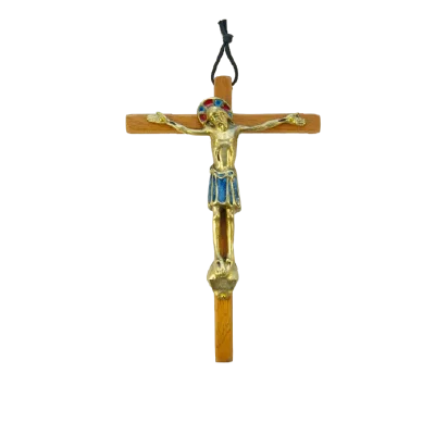 Grand Crucifix en bronze émaillé sur croix en bois – 18 cm – 530