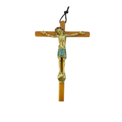 Grand Crucifix en bronze émaillé sur croix en bois – 18 cm – 530