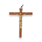 Grand Crucifix en bronze émaillé sur croix latine en bois