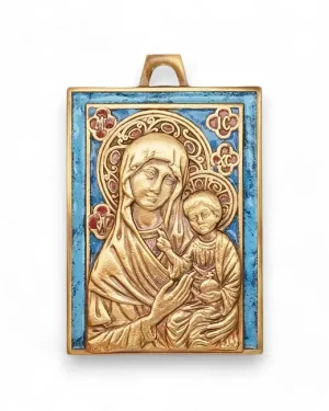 Médaille de berceau Vierge à l&rsquo;Enfant – Bronze émaillé – 5,5 cm – 035bis