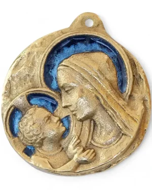 Médaille ronde, Vierge à l&rsquo;Enfant en voile – 7cm – 077