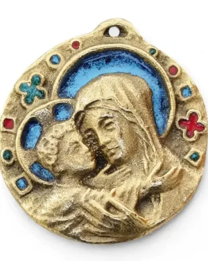 Médaille de berceau Vierge à l&rsquo;Enfant – Bronze émaillé – 5 cm – 047