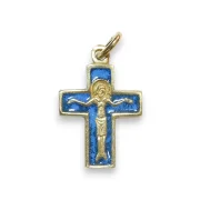 Pendentif crucifix, bijou Christ sur croix émaillée bleue