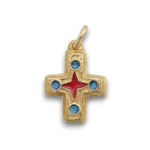 Petite croix en pendentif, bronze émaillé & cabochons – 2,3 cm – N72