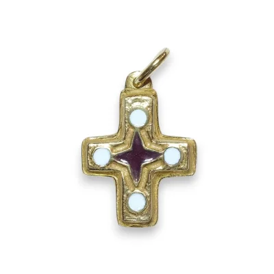 Petite croix en pendentif, bronze émaillé & cabochons – 2,3 cm – N72