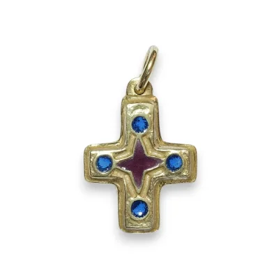 Petite croix en pendentif, bronze émaillé & cabochons – 2,3 cm – N72