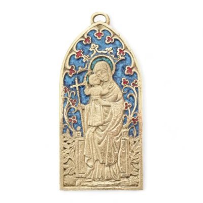 Plaque ogive Vierge à l’Enfant et Fleur de Lys – 13,5 cm – 62