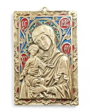 Plaque Vierge à l&rsquo;Enfant – Bronze émaillé – 11 x 16 cm – 037