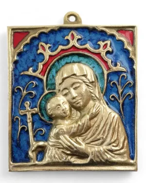 Plaque murale bronze émaillé Vierge à l’Enfant – 9 x 9,5 cm – 0128