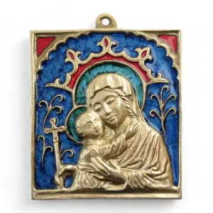 Plaque murale bronze émaillé Vierge à l’Enfant – 9 x 9,5 cm – 0128