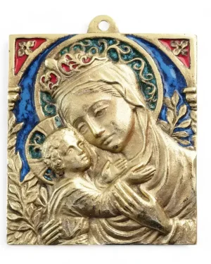 Vierge de tendresse à l&rsquo;Enfant, icône bronze & émaux limousins – 9 x 10 cm – 075