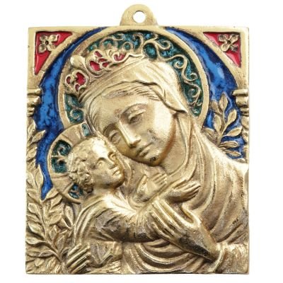 Vierge de tendresse à l’Enfant, plaque murale en bronze & émaux limousins – 9 x 10 cm – 075
